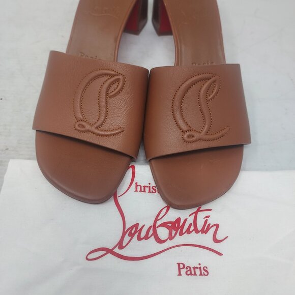 Christian Louboutin Brown Heel CL Logo Mule Slide Sandal - Picture 9 of 13